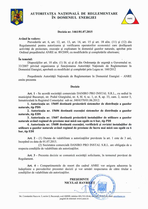 Decizia ANRE nr. 1461/01.07.2015