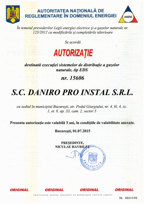 Autorizație ANRE nr. 15606 – execuție sisteme de distribuție gaze naturale (tip EDS)