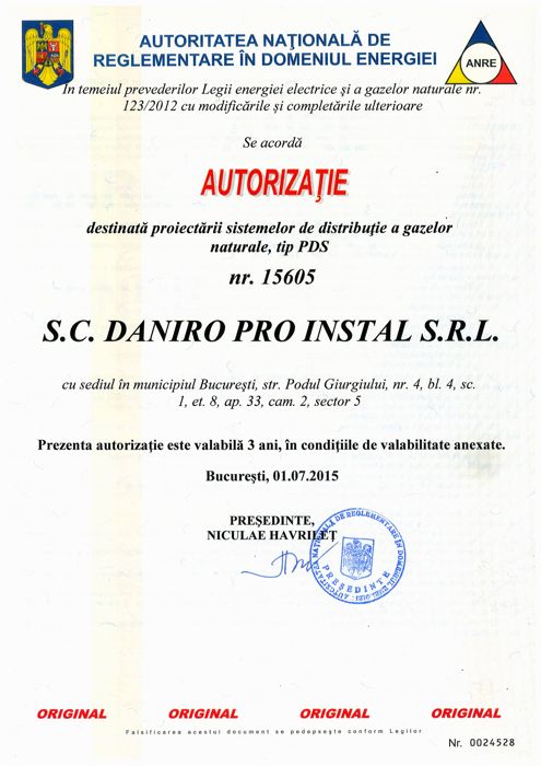 Autorizație ANRE nr. 15605 – proiectare sisteme de distribuție gaze naturale (tip PDS)