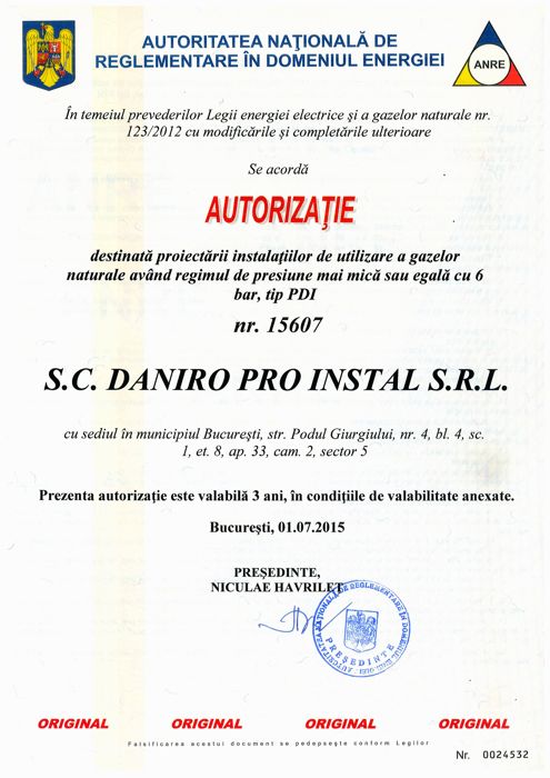 Autorizație ANRE nr. 15607 – proiectare instalații de utilizare gaze naturale ≤ 6 bar (tip PDI)