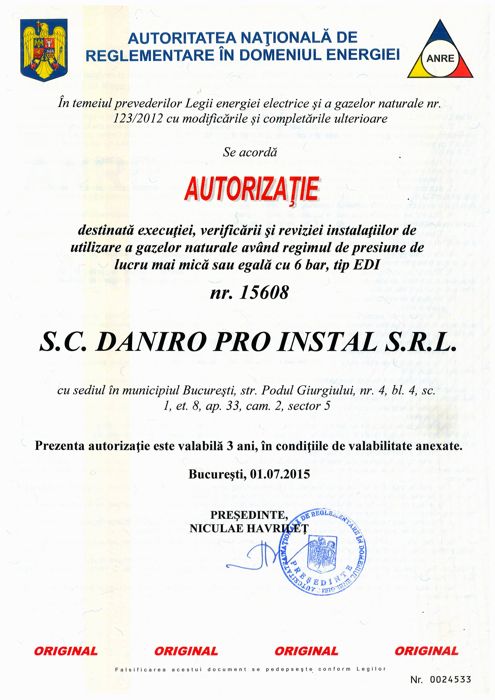 Autorizație ANRE nr. 15608 – execuție, verificare și revizie instalații de utilizare gaze naturale ≤ 6 bar (tip EDI)