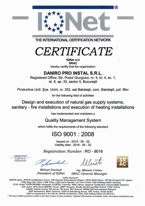 Certificat ISO 9001 – management al calității (IQNet)