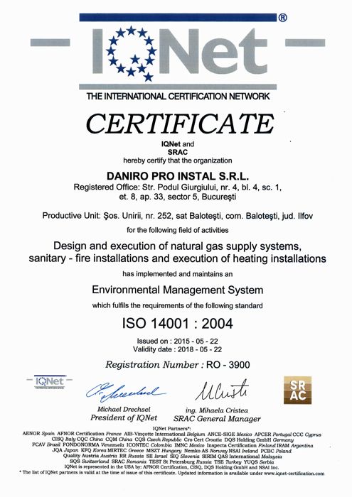 Certificat ISO 14001 – management de mediu (IQNet)
