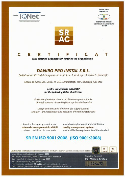 Certificat ISO 9001 – management al calității (SRAC)