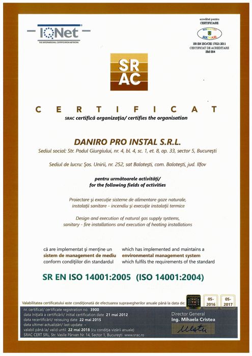 Certificat ISO 14001 – management de mediu (SRAC)